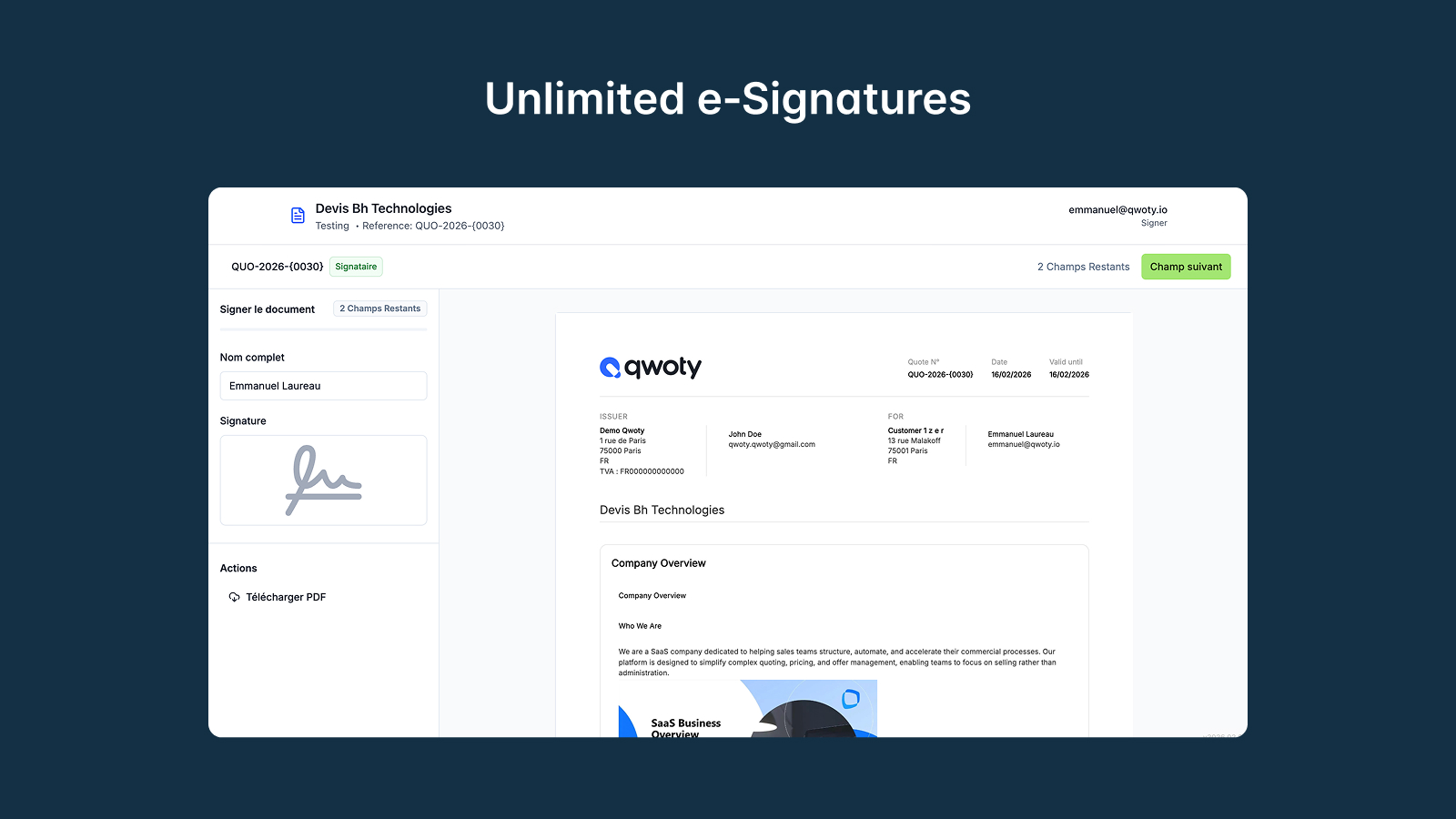 Qwoty e-signature interface with signature status synced back to HubSpot deal timeline