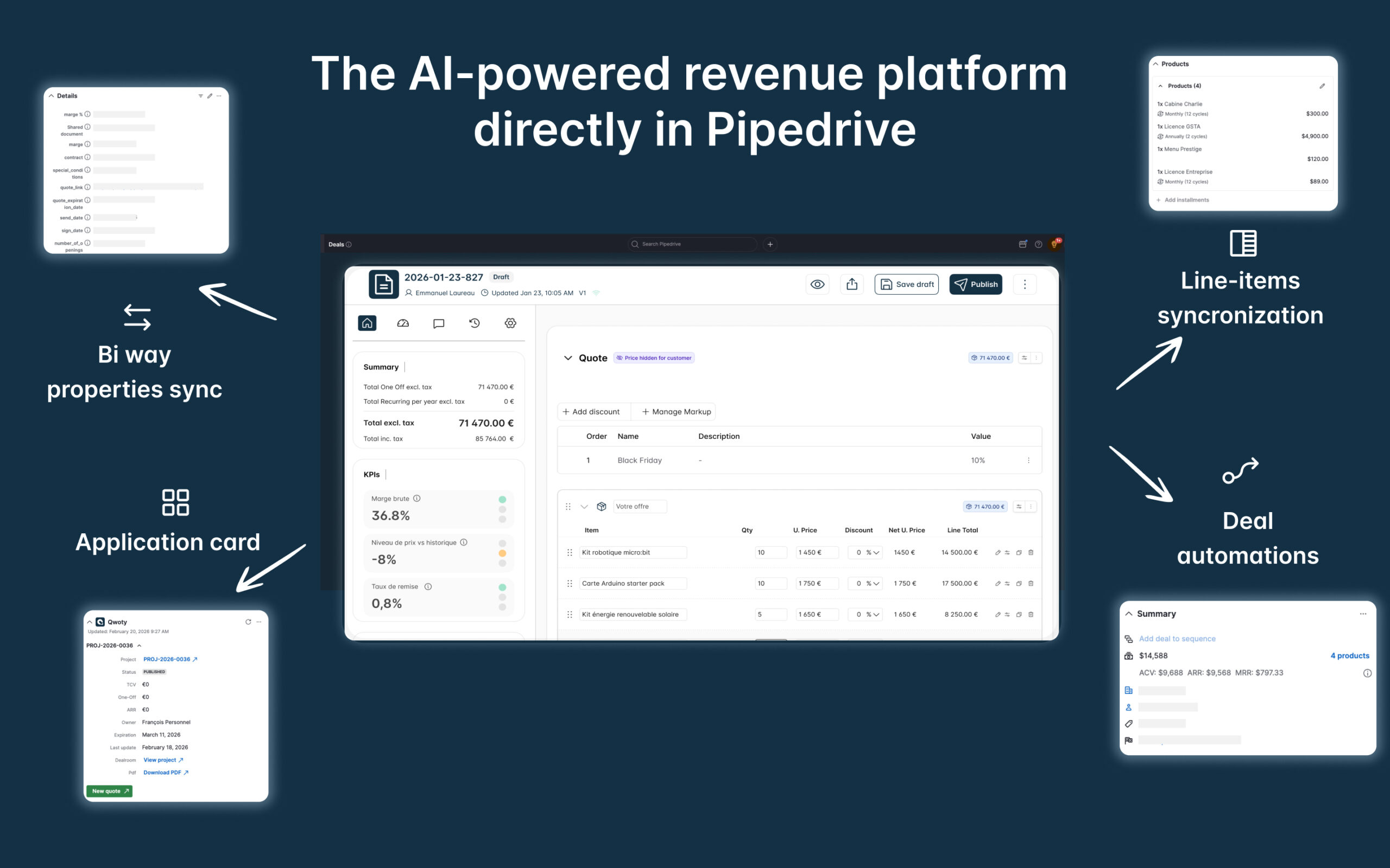 Qwoty quote editor pre-filled with Pipedrive deal and contact data