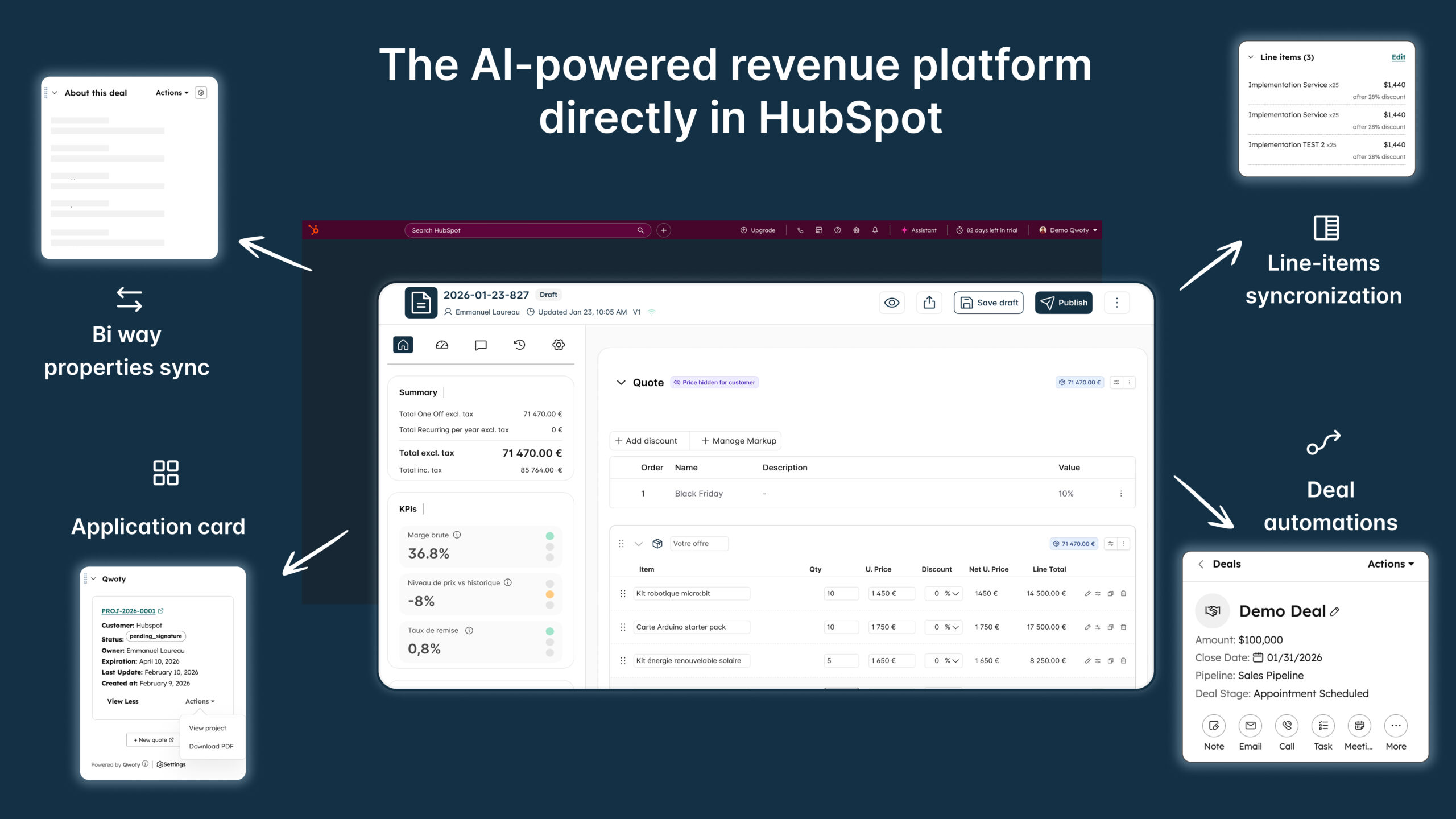 Qwoty quote builder pre-filled from a HubSpot deal, showing contact, company, and line item data pulled automatically